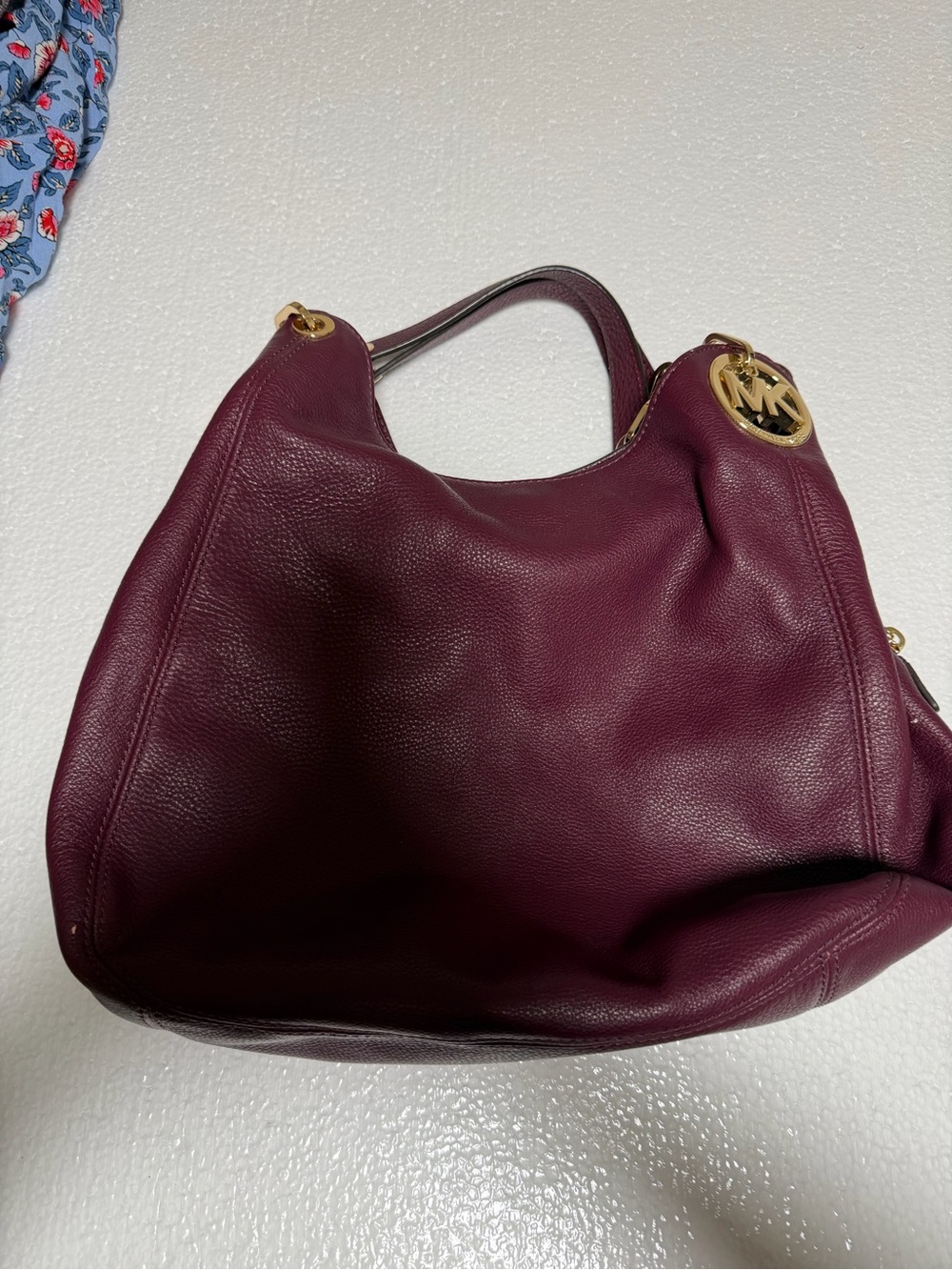 Michael Kors Plum Leather Shoulder Bag with Gold MK Charm